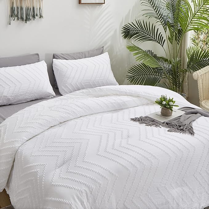 Wellboo White Tufted Jacquard Boho Comforter Set King Size White Bedding Set Shabby Chic All Season Bed Quilt Women Men White Farmhouse Embroidery Blanket Soft Adult Broken Line Wave Geometry Bed