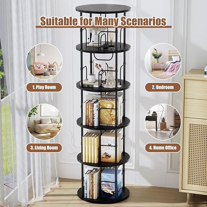 5 Tier Rotating Bookshelf, 360 ° Display Stackable Spinning Bookshelf Tower, Narrow Space Saving Tall Floor Standing Swivel Bookcase Corner Storage Organizer for Bedroom, Living Room, Black