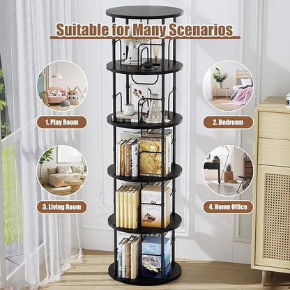5 Tier Rotating Bookshelf, 360 ° Display Stackable Spinning Bookshelf Tower, Narrow Space Saving Tall Floor Standing Swivel Bookcase Corner Storage Organizer for Bedroom, Living Room, Black