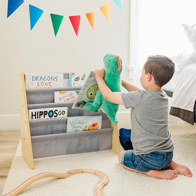 Wildkin Kids Canvas Sling Bookshelf for Boys and Girls, Wooden Design Features Four Fabric Shelves, Keep Bedrooms, Playrooms, and Classrooms Organized, Measures 25 x 24 x 11 Inches (Natural w/ Gray)