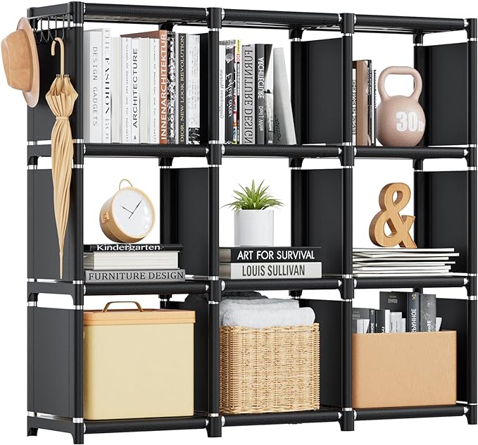 Mavivegue Book Shelf, 9 Cube Storage Organizer, DIY Bookcase, Metal Cube Bookshelf, Tall Book case for Bedroom, Living Room,Office, Closet Storage Organizer, Black Cubicle Storage Rack