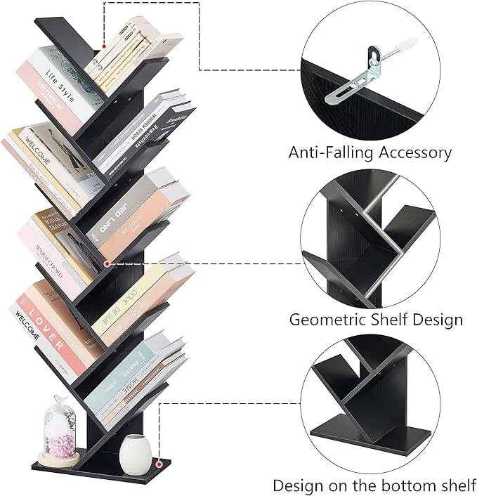 Hoctieon 10 Tier Tree Bookshelf, 10 Shelf Bookcase, Free Standing Tree Bookcase, Display Floor Standing Shelf for Books, Book Organizer Shelves for Home Office, Living Room, Bedroom, Black