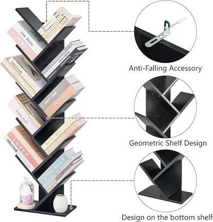 Hoctieon 10 Tier Tree Bookshelf, 10 Shelf Bookcase, Free Standing Tree Bookcase, Display Floor Standing Shelf for Books, Book Organizer Shelves for Home Office, Living Room, Bedroom, Black