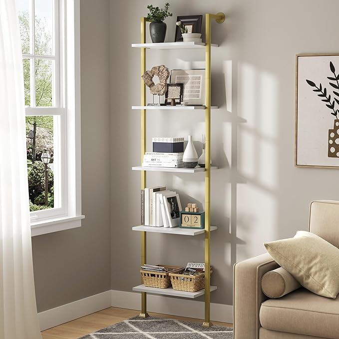 Axeman 5-Tier Ladder Bookcase, Tall Narrow Bookshelf for Small Spaces, Modern Book Storage Organizer Case Open Shelves for Living Room, Bedroom，Office, Library, Gold and White