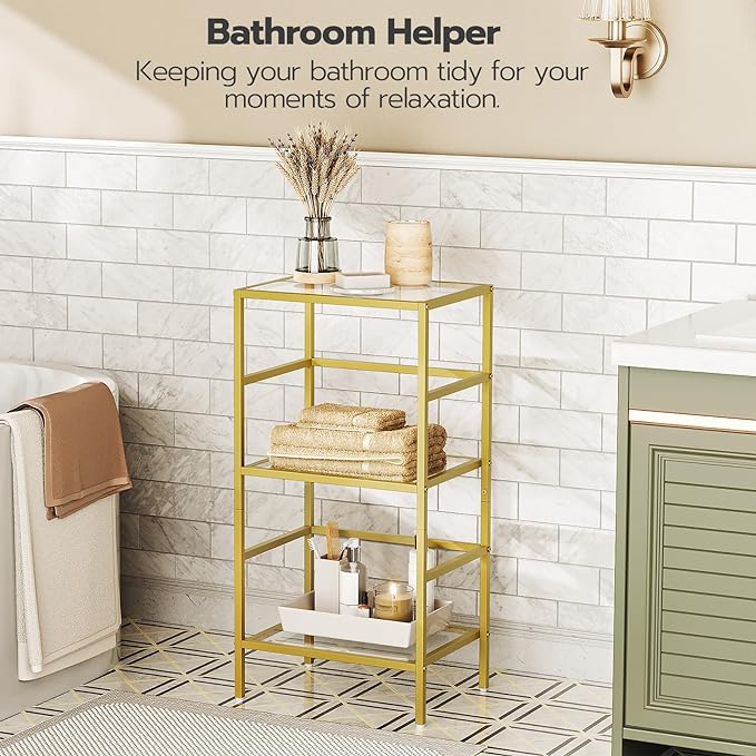 HOOBRO 3-Tier Bookcase, Tempered Glass Bookshelves, Record Storage Rack with Side Fence, Storage Shelves for Bathroom, Slim Shelving Unit for for Living Room, Home Office, Gold GD81CJ01