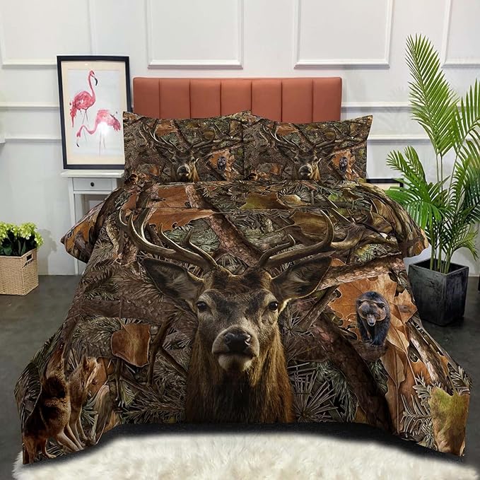 NINENINE Deer Bedding Sets Camo Comforter Set,Boys Queen Bedding,Western Comforter Sets for Boys,Queen Size Bedding Set for Boys,Hunting Bed Sets with 1 Comforter 2 Pillowcases