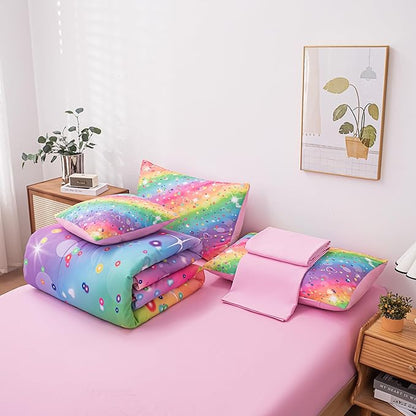 Full Size Comforter Sets for Girls, Kids Bedding Sets for Girls, Rainbow Comforter Full, 6 Pcs Bed in a Bag Girls (1Comforter, 1Flat Sheet, 1Fitted Sheet, 1 Pillow Cover, 2Pillowcases)