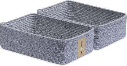 Large Shallow Organizing Baskets 15x11x5.1 Inches - Rope Woven Storage Bins for Bathroom, Shelves, Cube Closet, Mixed Grey 2 Packs