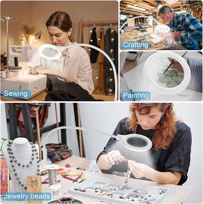 26" Gooseneck Magnifying Lamp with Clamp, 5 Color Modes Stepless Dimmable LED Desk Light with Magnifying Glass, 8X Real Glass Lighted Magnifier Hands Free for Painting Close Work Craft Hobby