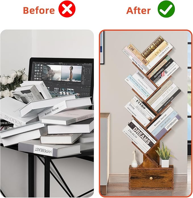 8 Tier Tree Bookshelf with Drawer, Free Standing Wood Bookcase for Narrow Space, Storage Organizer Bookshelves for Books, Book Case for Home Office, Living Room, Bedroom, Rustic Brown