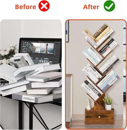 8 Tier Tree Bookshelf with Drawer, Free Standing Wood Bookcase for Narrow Space, Storage Organizer Bookshelves for Books, Book Case for Home Office, Living Room, Bedroom, Rustic Brown