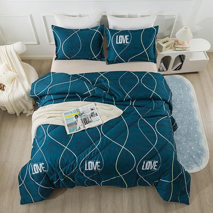 Blue Green Comforter Set Twin Size, 2 Pieces Modern Lines Pattern with Love, Soft Microfiber Bedding Comforter Set, Down Alternative Comforters for All Season (68 * 90’’)