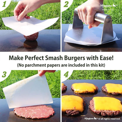 Meykers Smash Burger Press 6.3” Burger Smasher | for Griddle Grill Pan Skillet | Weight Gain Flat Presser Smashburger Maker 304 Stainless Steel | Meat Bacon Sandwich Panini | Tool Kit for BBQ Lover