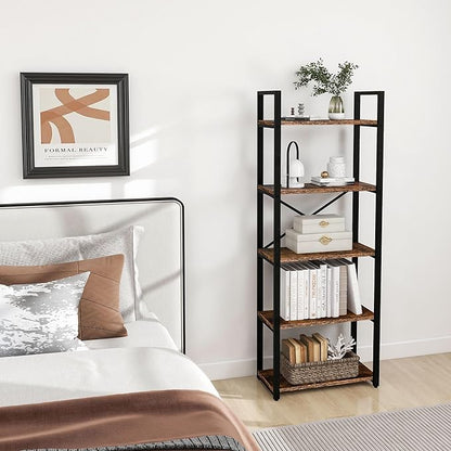5 Tier Bookshelf Rustic Industrial Style, Storage Shelves, Metal Book Shelves Bookcase Book Shelf Display Shelf for Home Office, Living Room, Bedroom, Kitchen (23.6" W, Brown)