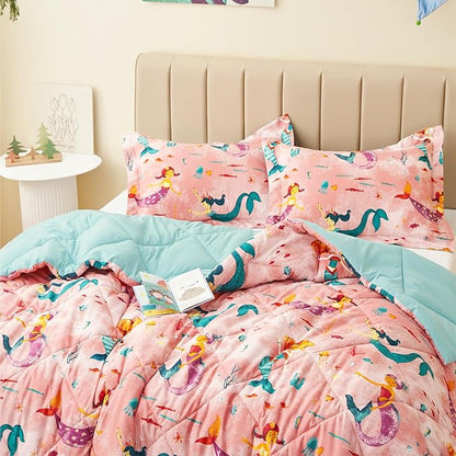 Twin Mermaid Bedding Sets for Girls, 3 Pieces Kids Queen Comforter Sets, Super Soft Lightweight for All Seasons, Includes 1 Comforter (88"x88") and 2 Pillowcase (20"x26"+2")