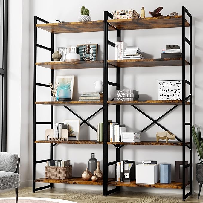 Shintenchi 2 Pieces 5 Tiers Bookshelf, Classically Tall Bookcase Shelf, Industrial Book Rack, Modern Book Holder in Bedroom/Living Room/Home/Office, Storage Rack Shelves for Books/movies-Rustic Brown