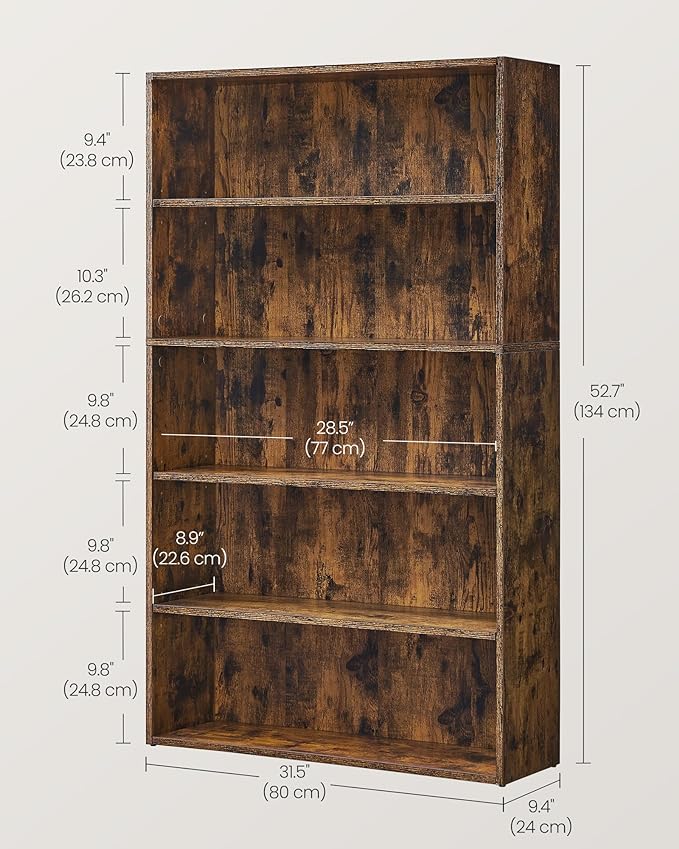 VASAGLE Bookshelf, 31.5 Inches Wide, 5-Tier Open Bookcase with Adjustable Storage Shelves, Floor Standing Unit, Rustic Brown ULBC175X01
