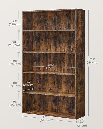 VASAGLE Bookshelf, 31.5 Inches Wide, 5-Tier Open Bookcase with Adjustable Storage Shelves, Floor Standing Unit, Rustic Brown ULBC175X01