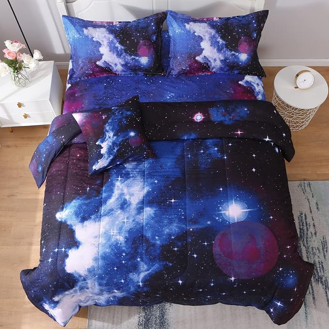 JQinHome Queen Galaxy Comforter Sets 6 Piece Bed in A Bag, Outer Space Themed Bedding for Children Boy Girl Teen Kids - (1 Comforter, 1 Flat Sheet, 1 Fitted Sheet, 2 Pillowshams, 1 Cushion Cover)