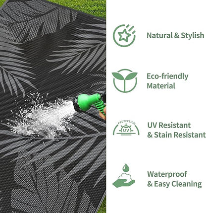 GENIMO Outdoor Rug 10' x 14' Waterproof for Patios Clearance, Reversible Outdoor Plastic Straw Camping Rug Carpet, Large Area Rugs Mats for RV, Camper, Deck, Balcony, Porch, Beach, Picnic, Black&Grey