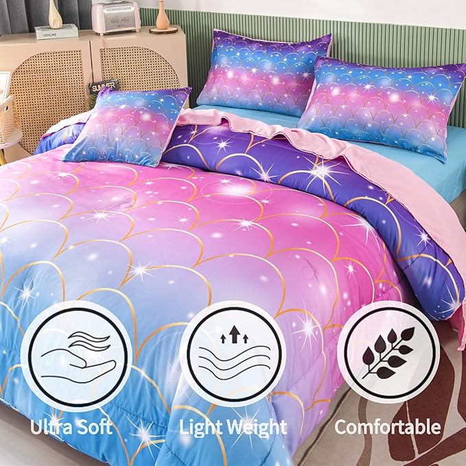 RYNGHIPY 6Pcs Teal Pink Sparkle Mermaid Comforter Sets Full Size, 3D Rainbow Glitter Girls Bedding Sets, Ombre Pastel Fish Scale Bedding Collection Sets