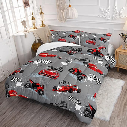 Axolotl Kid Comforter Set Queen Size,Racing Car Bedding Set for Boys Girls Teen Car Racing Gifts,Race Cars Quilt Bed Set with 1 Comforter 2 Pillowcases,Red Grey