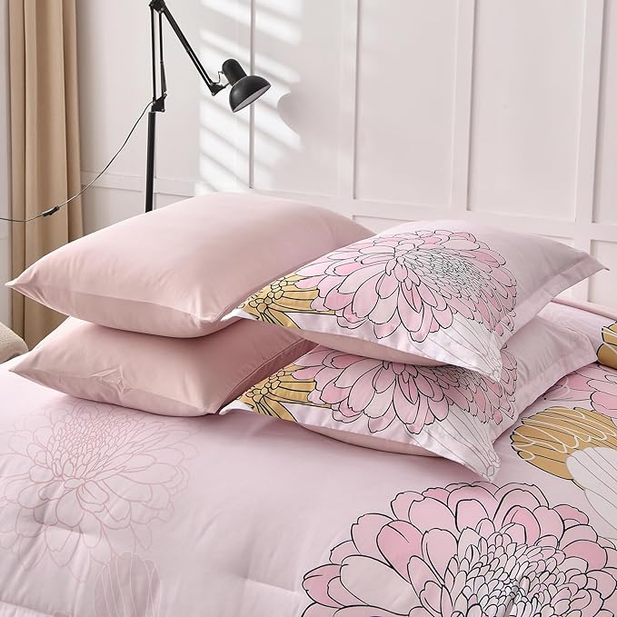 Pink Colorful Comforter Set King Size 7 Piece Floral Bed in a Bag Comforter for All Season Soft Microfiber Bedding Set for Teen Girls Women (103"×90")