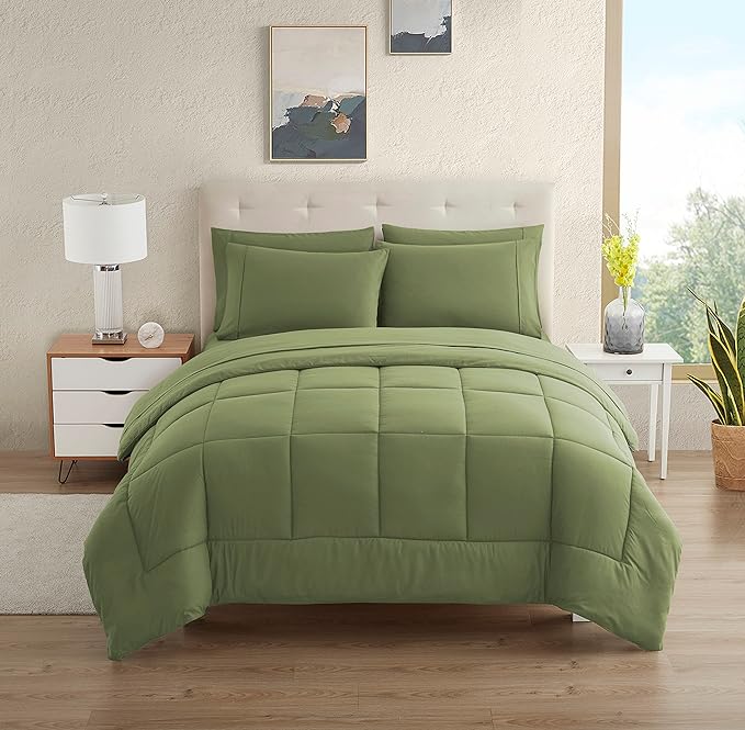 Dorm Room Essentials College Bedding Comforter Set 5 Piece Twin XL Size Bed in a Bag for College Students Boys and Girls, Twin XL, Sage Green