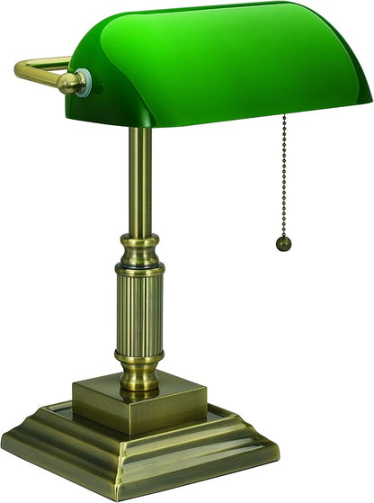 Traditional Style CFL Banker's Desk Lamp with Green Glass Shade (VS688029AB)