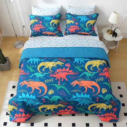 Wajade Boys Dinosaur Comforter Set Bed in A Bag Full Size 7 Piece 3D Blue Dinosaur Print Bedding Set for Kids Teens(1 Comforter, 1 Flat Sheet, 1 Fitted Sheet, 2 Pillowcase and 2 Pillow Sham)