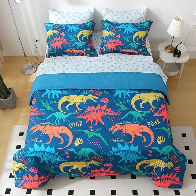 Wajade Boys Dinosaur Comforter Set Bed in A Bag Twin Size 7 Piece 3D Blue Dinosaur Print Bedding Set for Kids Teens(1 Comforter, 1 Flat Sheet, 1 Fitted Sheet, 2 Pillowcase and 2 Pillow Sham)