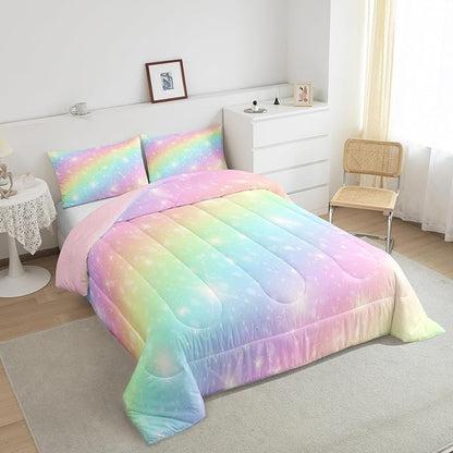 Erosebridal Rainbow Bedding Set for Kids Girls Teens Women Tie Dye Pastel Comforter Set King Size Golden Stars Glitter Bedding Comforter Set Watercolor Art Girly Quilt Set Sweet Bedroom Decor 3 Piece
