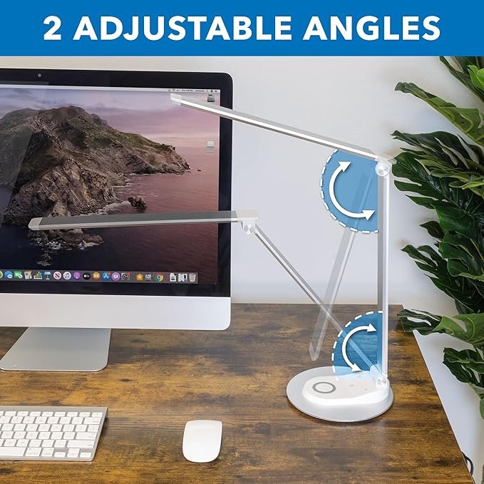 Mount-It! LED Desk Lamp with Wireless Charger and USB-C Charging Port, Dimmable Desk Lamp with 25 Brightness and Color Modes, for Home or Office, Adjustable Arm, Silver/White