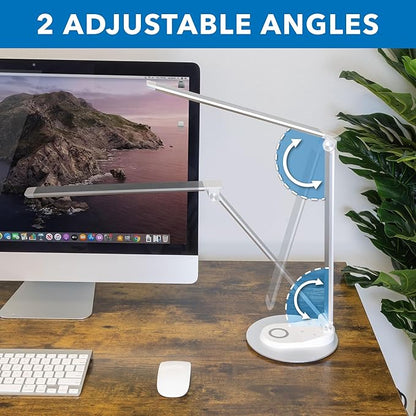 Mount-It! LED Desk Lamp with Wireless Charger and USB-C Charging Port, Dimmable Desk Lamp with 25 Brightness and Color Modes, for Home or Office, Adjustable Arm, Silver/White