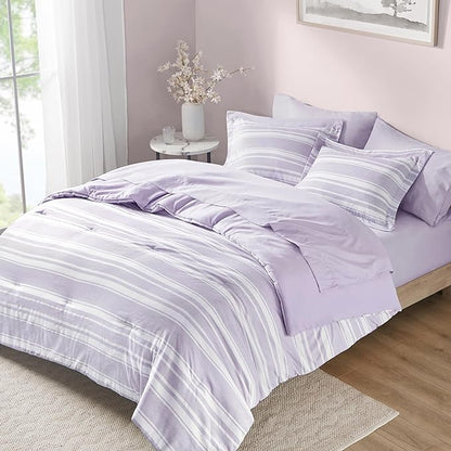Codi Full Comforter Set 7 Piece, Lavender Purple Striped Bed in a Bag Reversible for All Seasons, Cationic Dyeing Bedding Sets with Comforter, Sheets, Pillowcases & Shams