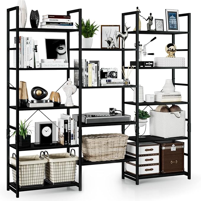 NUMENN Triple Wide 5 Tier Bookshelf, Rustic Industrial Style Bookcases and Bookshelves with 14 Open Display Shelves, Modern Tall Bookcase Furniture for Bedroom, Living Room and Home Office, Black