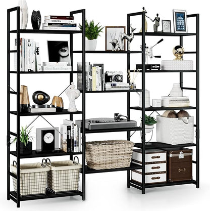NUMENN Triple Wide 5 Tier Bookshelf, Rustic Industrial Style Bookcases and Bookshelves with 14 Open Display Shelves, Modern Tall Bookcase Furniture for Bedroom, Living Room and Home Office, Black