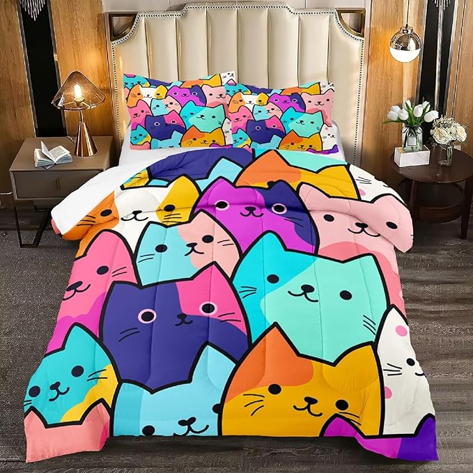 Cat Comforter Full Size - Full Size Comforter Girl Cat Cute Cat Bedding for Girls Kids Full Size Bedding Set Cats Colorful Cartoon Cat Comforter Set, 1 Comforter+2 Pillowcases
