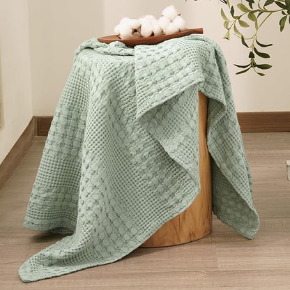 PHF 100% Cotton Waffle Weave Throw Blanket, Soft Lightweight Breathable Cozy Summer Throws for Couch Bed Sofa, Luxury Aesthetic Woven Blanket for Home Decor & Office, 50"x60", Sage Green