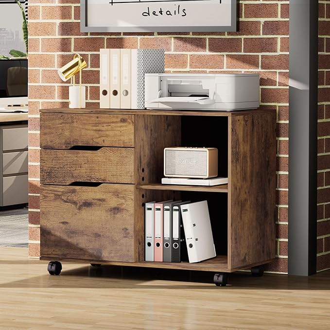 Sweetcrispy 3-Drawer File Cabinet, Lateral Mobile Filing Cabinet Wood Under Desk Storage Organizer with Wheels, Printer Stand & Open Shelves for Home Office Organization - Rustic Brown