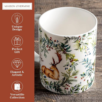 Maison d' Hermine Coffee Mug with Handles Tea Cups (12 Ounce, Pack of 1) | Fine Bone China Coffee Mugs for Hot Beverages Cappuccino Latte Home Restaurant Hotel Spring Summer -Holly Time - Cerf