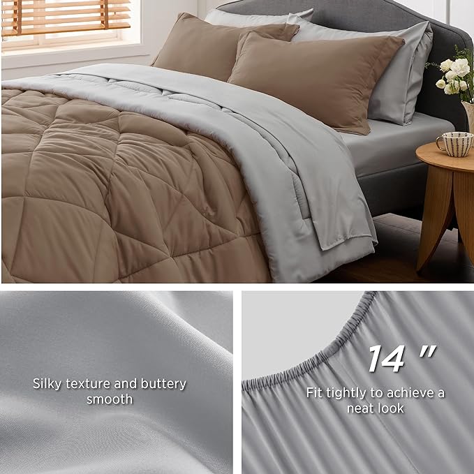 Bedsure Brown California King Size Comforter Set - 7 Pieces Reversible California King Bed in a Bag, California King Brown and Grey Bed Set with Comforters, Sheets, Pillowcases & Shams