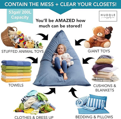 Stuffed Animal Bean Bag Storage - Machine Washable Bean Bag Chair for Kids - Extra Large Cover for Stuffing with Plush Toys, Pillows, Soft Items - Stuffed Animal Holder for Boys & Girls - Blue Denim