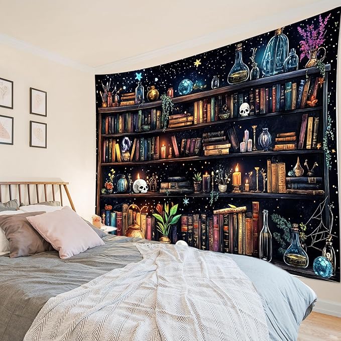 HVEST Magic Bookshelf Tapestry Wall Hanging Vintage Bookshelf Witchy Books Plant Skull Gothic Halloween Tapestry Aesthetic Starry Sky Tapestries for Bedroom Living Room Dorm, 51L x 59W Inches