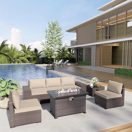 Patio Furniture Sectional Sofa Set 7-Pieces PE Rattan Patio Conversation Set w/43in Gas Fire Pit Table, Outdoor Furniture with 55000 BTU Propane Fire Pit, Sand