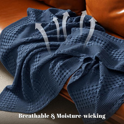 PHF 100% Cotton Waffle Weave Blanket Twin Size, Soft Lightweight Breathable Cozy Summer Blankets for Bed, Luxury Aesthetic Woven Bedding for Home Decor, 66"x90", Bright Navy Blue