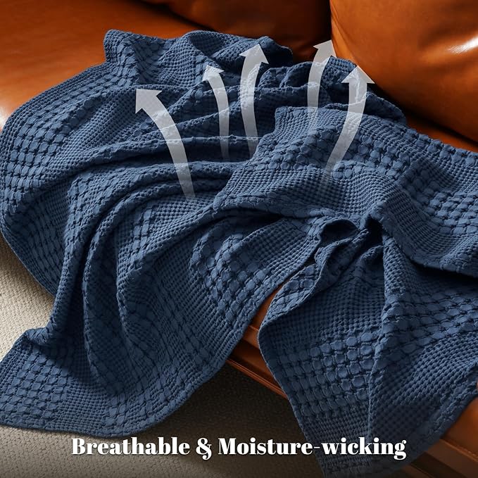 PHF 100% Cotton Waffle Weave Throw Blanket, Soft Lightweight Breathable Cozy Summer Throws for Couch Bed Sofa, Luxury Aesthetic Woven Blanket for Home Decor & Office, 50"x60", Bright Navy