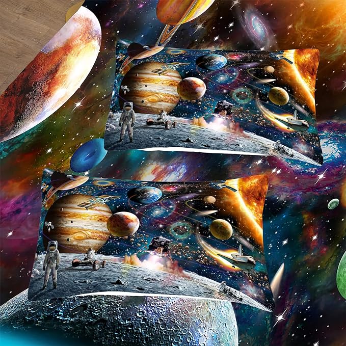 Tailor Shop Universe Galaxy Comforter Set for Girls Boys Kids Galaxy The Planet The Earth Astronaut Stars Outer Space Bedding Set King Size with 1 Comforter 2 Pillowcases