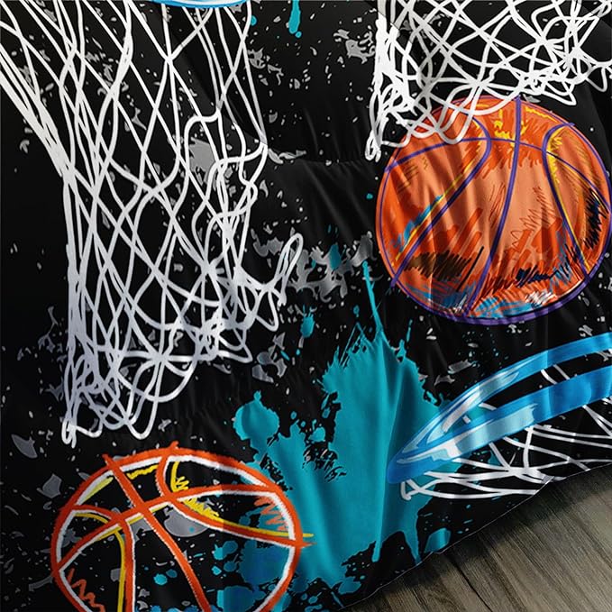 Axolotl Basketball Comforter Set Queen,Sports Comforter Set,Basketball Bedding Set,Sports Theme Comforter Set,Grunge Bedding Aesthetic Cool Style for Boys Kids Men,1 Quilt 2 Pillowcases,Black Blue