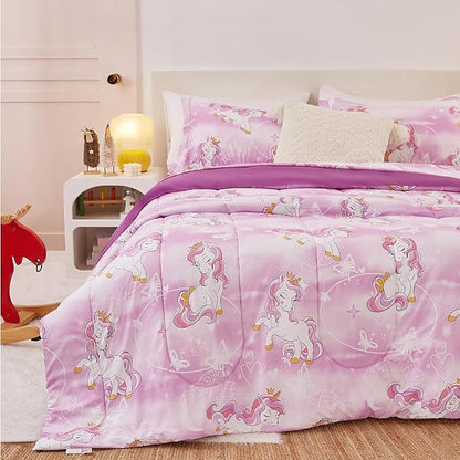 Unicorn Kids Comforter Set for Girls Full Size, Cute Reversible Quilted Lavender Printed Bedding Set with Pillow Sham, Lightweight Soft Breathable Machine Washable Bed Set 3 Piece